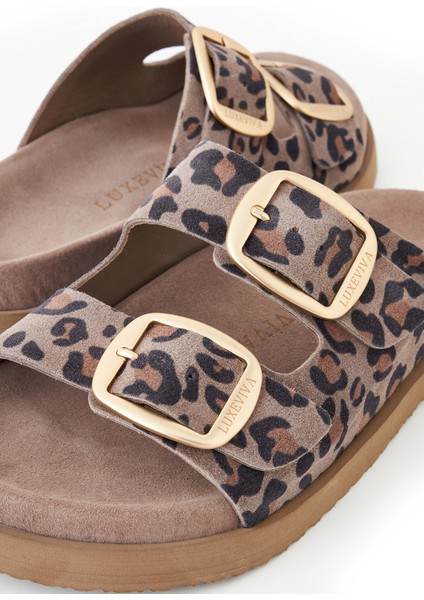 Hakiki Deri Kadın Terik Vizon Leopar Desen Çift Toklı Terlik Vandia
