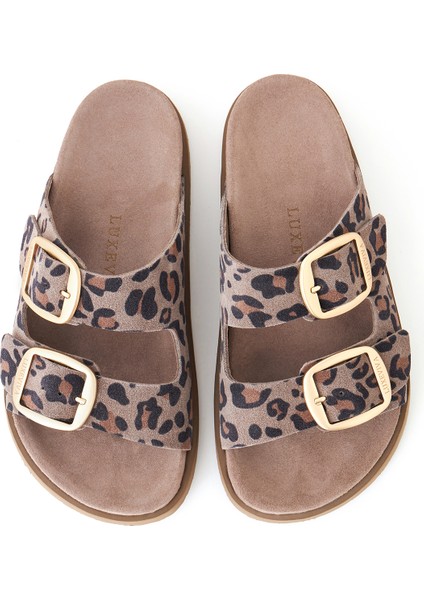 Hakiki Deri Kadın Terik Vizon Leopar Desen Çift Toklı Terlik Vandia
