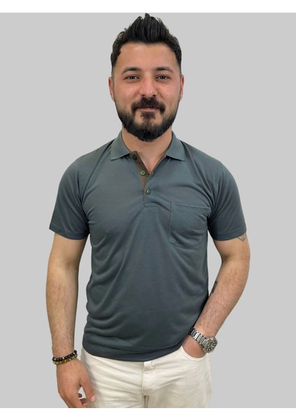 Erkek Gnsn Düz Ringelli Polo Yaka Antrasit Tişört