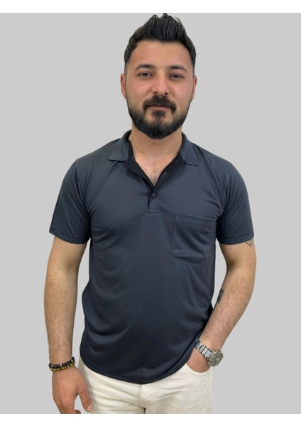 Erkek Gnsn Düz Ringelli Polo Yaka Füme Tişört