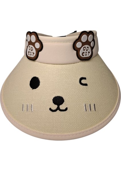 Spteks Kitti 6-12 Yaş Kız Çocuk Krem Renk Ayıcık Figürlü Hasır Vizör Yazlık Şapka