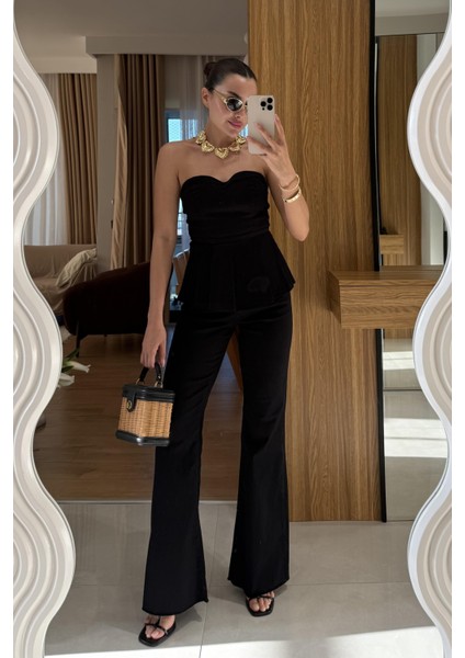 Straplez Volanlı Gabardin Takım