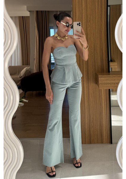 Straplez Volanlı Gabardin Takım