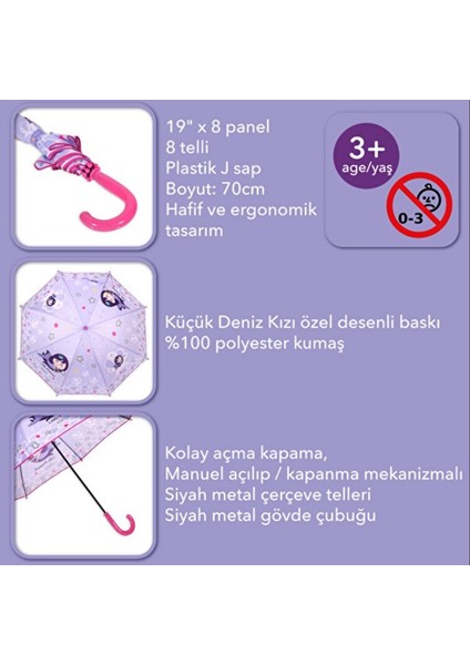 Küçük Deniz Kızı Çocuk Şemsiye Koleksiyon 19" x 8 Panel 1 Adet