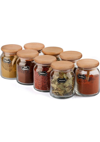 Bambu kapaklı, kaşıklı 8'li şık baharat seti, 300 ml, kullanışlı mutfak aksesuarı fiyatları