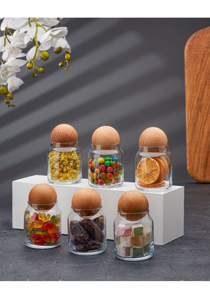 6'lı Ahşap Kapaklı Cam Kavanoz Seti, Saklama ve Şekerlik, 250 ml, 12 Parça