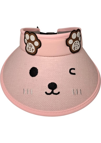 Spteks Kitti 6-12 Yaş Kız Çocuk Pembe Renk Ayıcık Figürlü Düz Desenli Hasır Yazlık Vizör Şapka