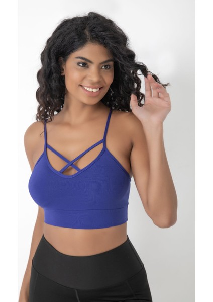 Önü Çapraz Detaylı Spor Crop Büstiyer 5800 Sax Mavisi