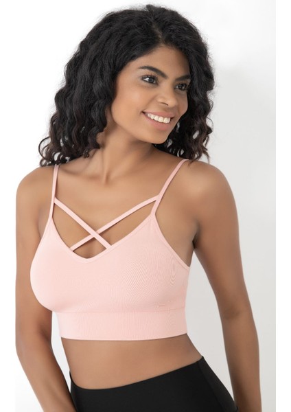 Önü Çapraz Detaylı Spor Crop Büstiyer 5800 Pudra