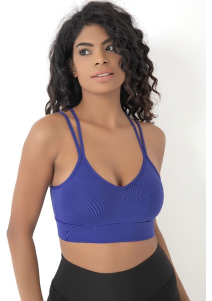 Inkasol Arkası Çapraz Detaylı Spor Crop Büstiyer 5800 Sax Mavisi