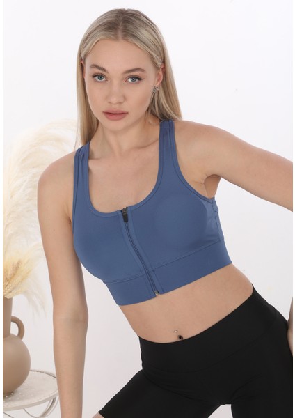 Önü Fermuarlı Sporcu Crop Büstiyer 5860 Indigo