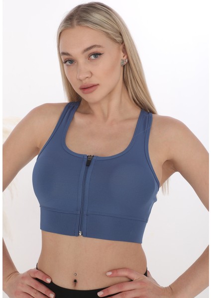 Önü Fermuarlı Sporcu Crop Büstiyer 5860 Indigo