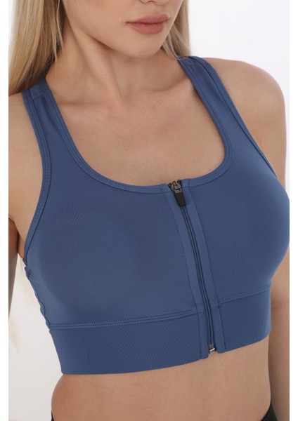 Önü Fermuarlı Sporcu Crop Büstiyer 5860 Indigo