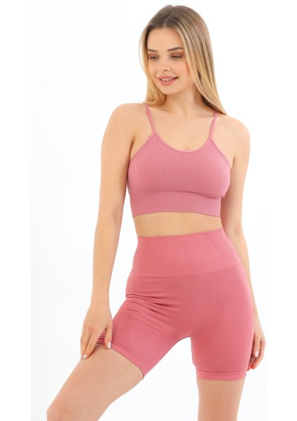 Ince Ip Askılı Fitilli Pedli Crop Büstiyer 5702 Pembe