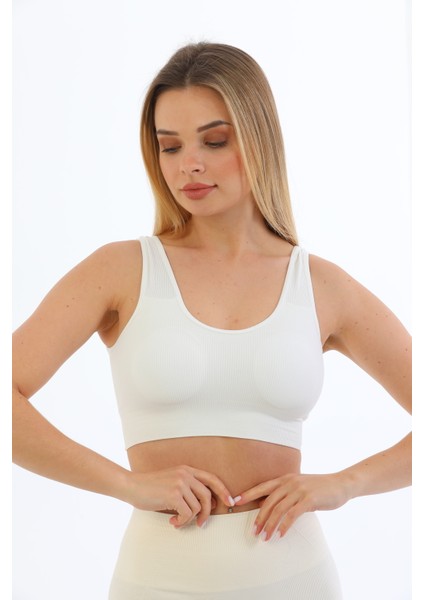 Kalın Askılı Pedli Fitilli Crop Büstiyer 5704 Beyaz