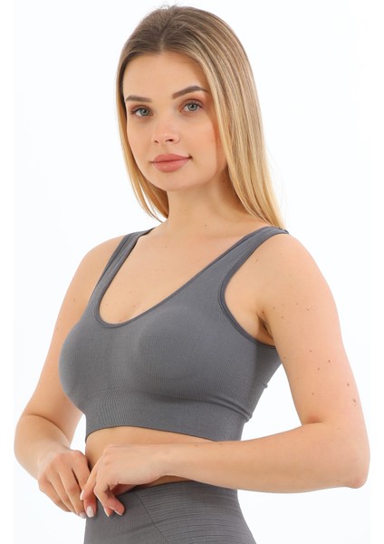 Inkasol Kalın Askılı Pedli Fitilli Crop Büstiyer 5704 Füme