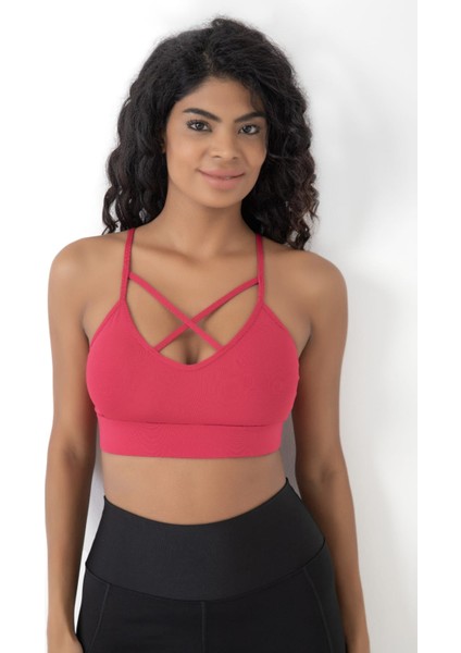 Önü Çapraz Detaylı Spor Crop Büstiyer 5800 Neon Mercan