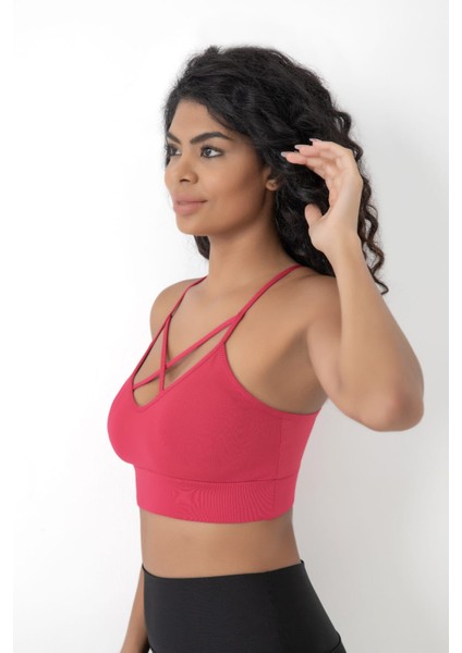 Önü Çapraz Detaylı Spor Crop Büstiyer 5800 Neon Mercan modelleri