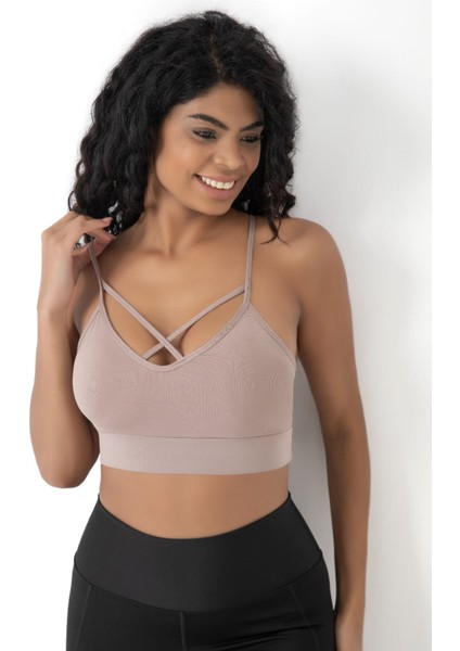Önü Çapraz Detaylı Spor Crop Büstiyer 5800 Vizon
