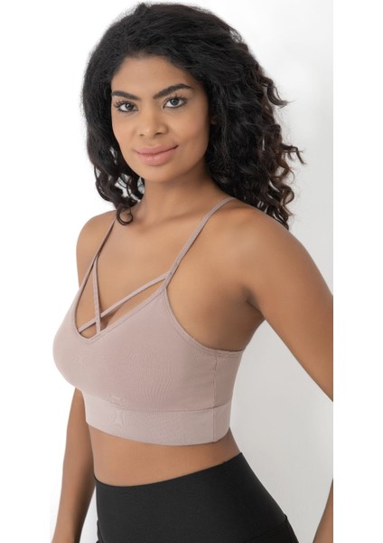 Önü Çapraz Detaylı Spor Crop Büstiyer 5800 Vizon modelleri