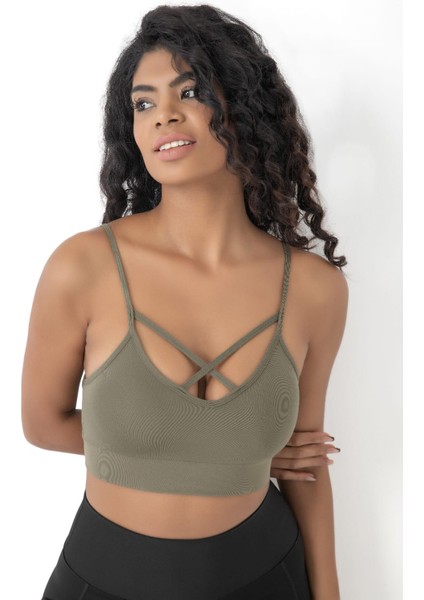 Önü Çapraz Detaylı Spor Crop Büstiyer 5800 Haki