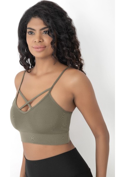 Önü Çapraz Detaylı Spor Crop Büstiyer 5800 Haki modelleri