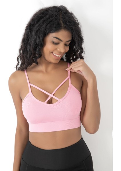 Önü Çapraz Detaylı Spor Crop Büstiyer 5800 Pembe