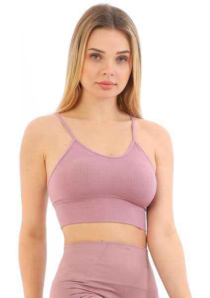 Ince Ip Askılı Fitilli Pedli Crop Büstiyer 5702 Mürdüm