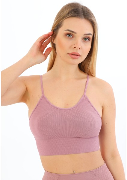 Ince Ip Askılı Fitilli Pedli Crop Büstiyer 5702 Mürdüm