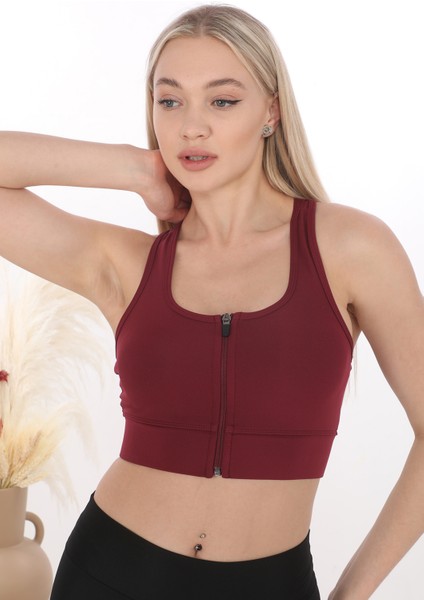 Önü Fermuarlı Sporcu Crop Büstiyer 5860 Bordo
