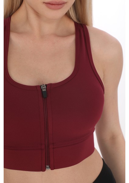 Önü Fermuarlı Sporcu Crop Büstiyer 5860 Bordo