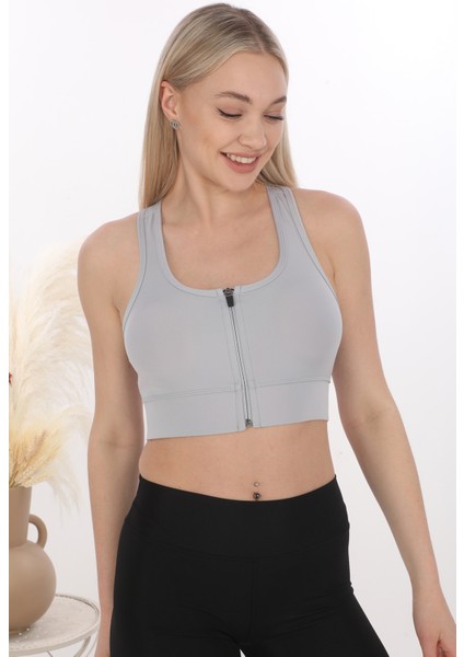Önü Fermuarlı Sporcu Crop Büstiyer 5860 Gri