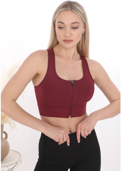 Inkasol Önü Fermuarlı Sporcu Crop Büstiyer 5860 Bordo