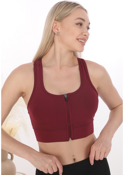 Inkasol Önü Fermuarlı Sporcu Crop Büstiyer 5860 Bordo