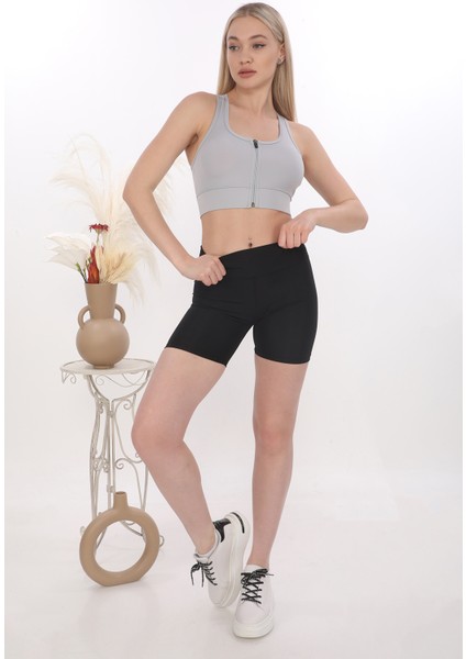 Önü Fermuarlı Sporcu Crop Büstiyer 5860 Gri modelleri
