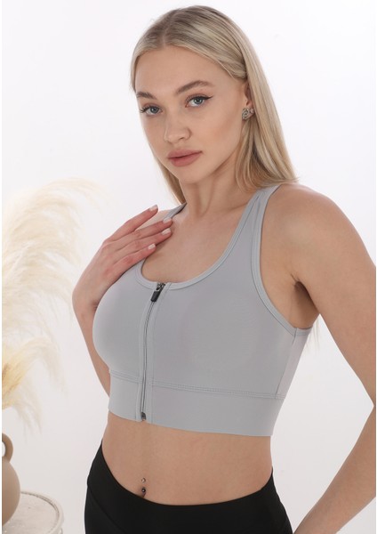 Önü Fermuarlı Sporcu Crop Büstiyer 5860 Gri indirimleri
