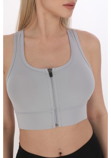 Önü Fermuarlı Sporcu Crop Büstiyer 5860 Gri