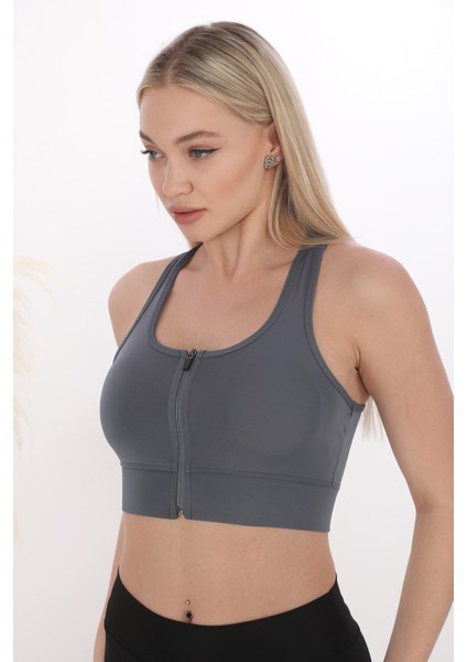 Önü Fermuarlı Sporcu Crop Büstiyer 5860 Füme