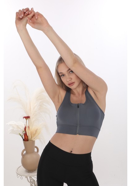 Önü Fermuarlı Sporcu Crop Büstiyer 5860 Füme modelleri