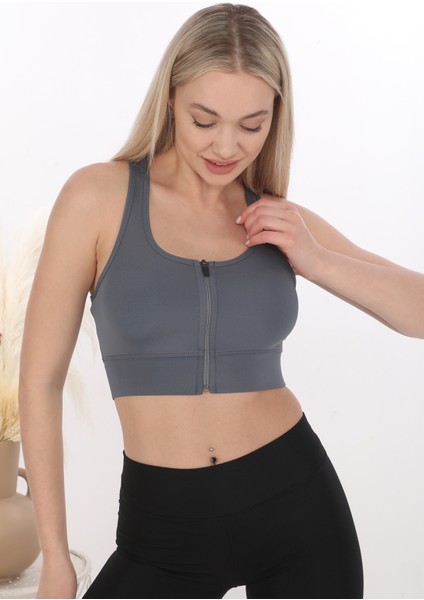 Önü Fermuarlı Sporcu Crop Büstiyer 5860 Füme fırsatları