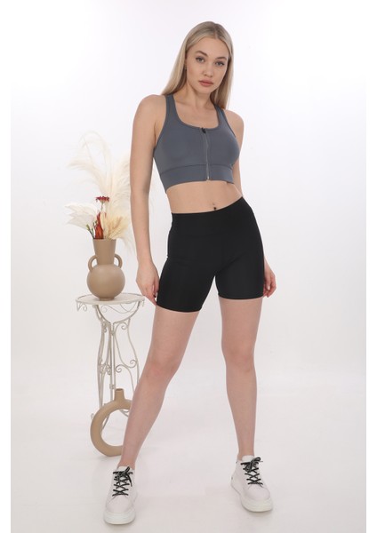 Önü Fermuarlı Sporcu Crop Büstiyer 5860 Füme