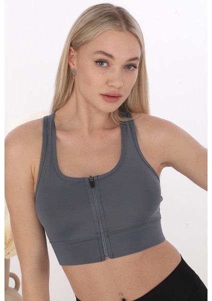 Önü Fermuarlı Sporcu Crop Büstiyer 5860 Füme