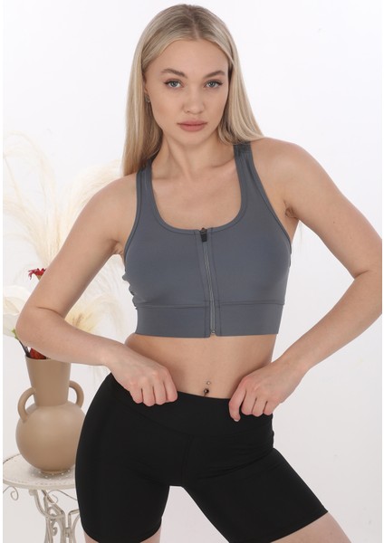 Önü Fermuarlı Sporcu Crop Büstiyer 5860 Füme