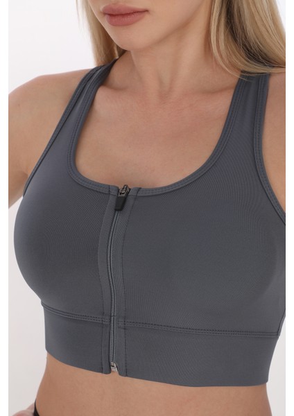 Önü Fermuarlı Sporcu Crop Büstiyer 5860 Füme