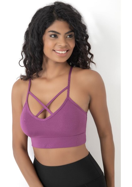 Önü Çapraz Detaylı Spor Crop Büstiyer 5800 Açık Mürdüm