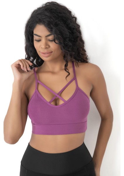 Önü Çapraz Detaylı Spor Crop Büstiyer 5800 Açık Mürdüm modelleri