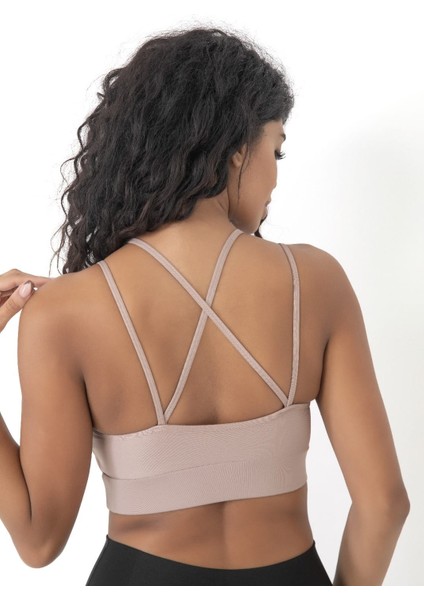 Arkası Çapraz Detaylı Spor Crop Büstiyer 5800 Vizon