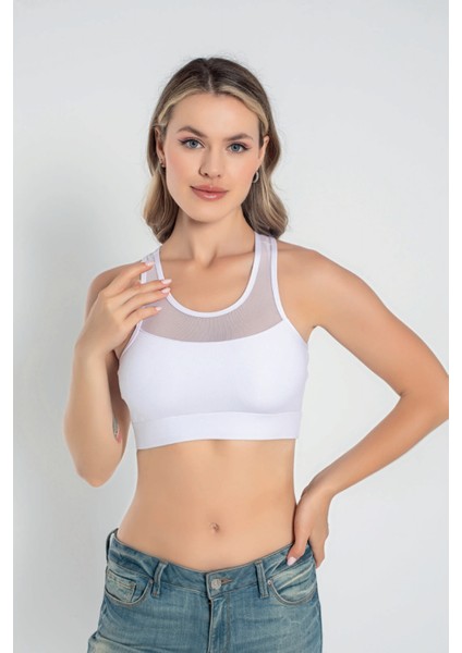 Tül Detaylı Kadın Crop Büstiyer 5910 Beyaz