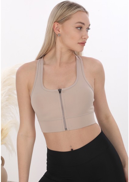 Inkasol Önü Fermuarlı Sporcu Crop Büstiyer 5860 Ten