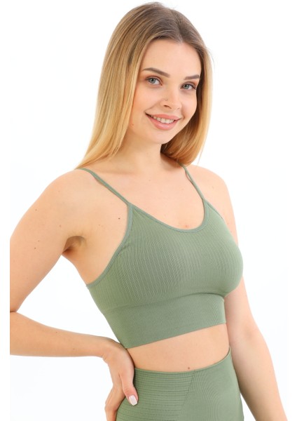 Ince Ip Askılı Fitilli Pedli Crop Büstiyer 5702 Yeşil